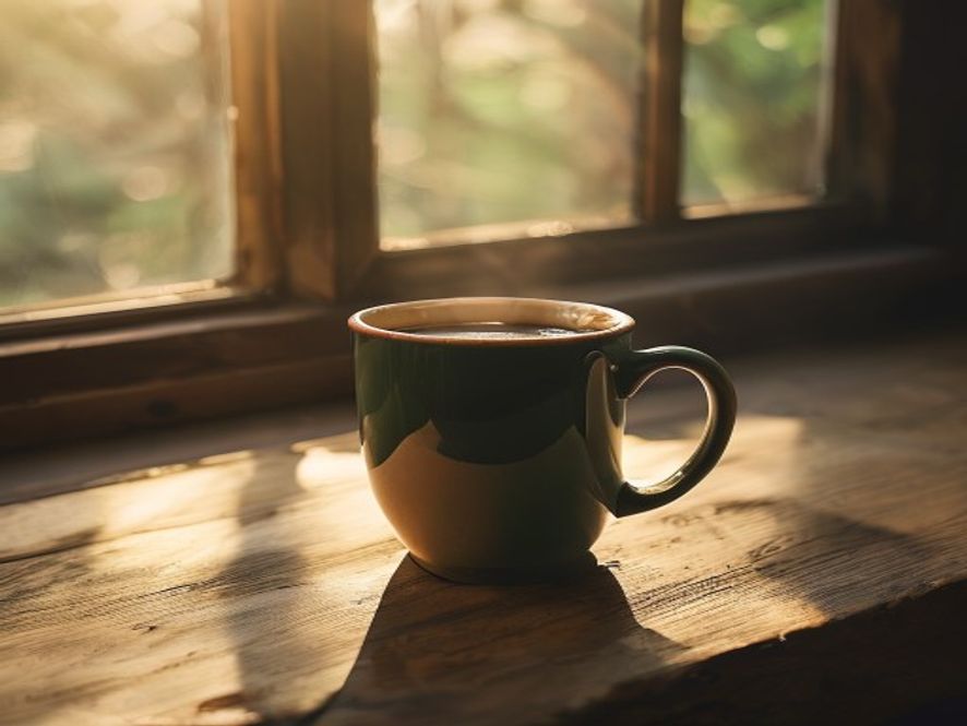 Stor kopp kaffe på bordet ved vindauge med solglans
