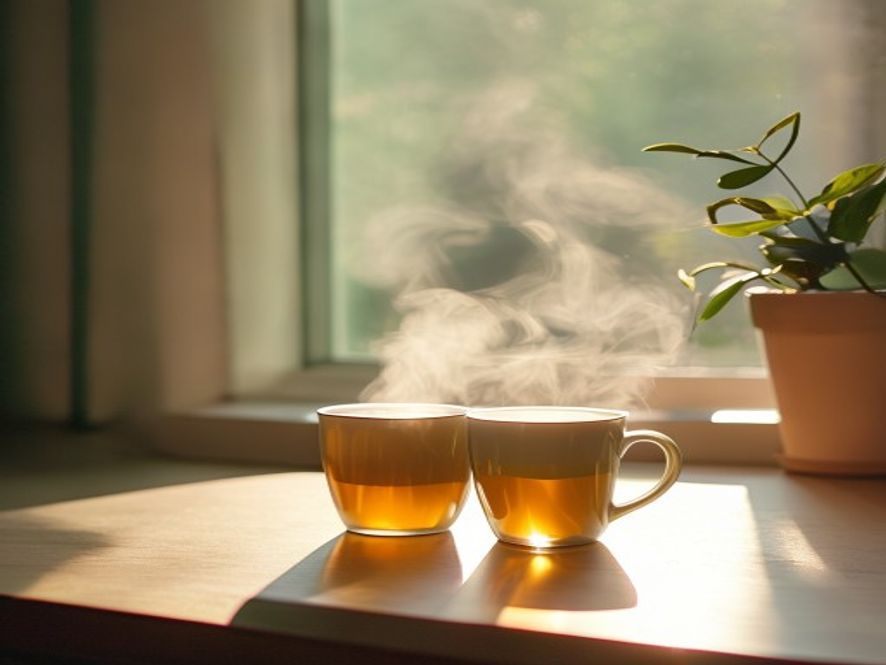 Kopp med varmt drikk og plante på skrivebord